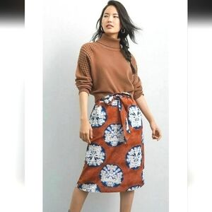 PORRIDGE Lanai Midi Skirt Cotton Linen Blend In Brown/blue Floral. Size Small